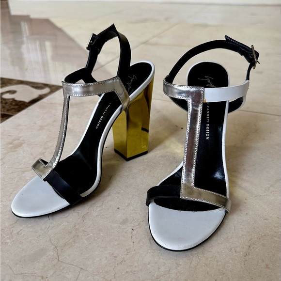 Giuseppe Zanotti Metallic Color Contrasting Black White Gold Sandals Heels 37 - Picture 7 of 7